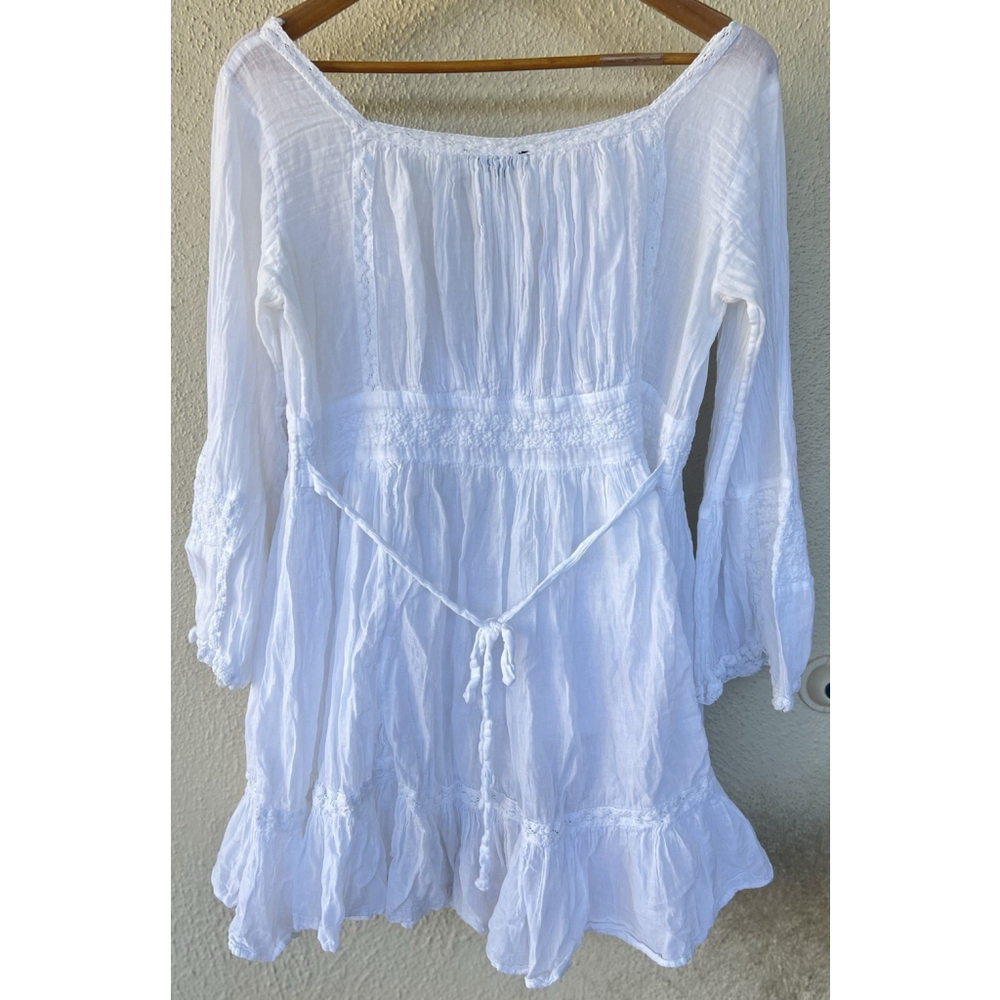 Karma Highway White Floral Dress L Cottage Prairie Romantic Peasant Bell Sleeve - Picture 7 of 9